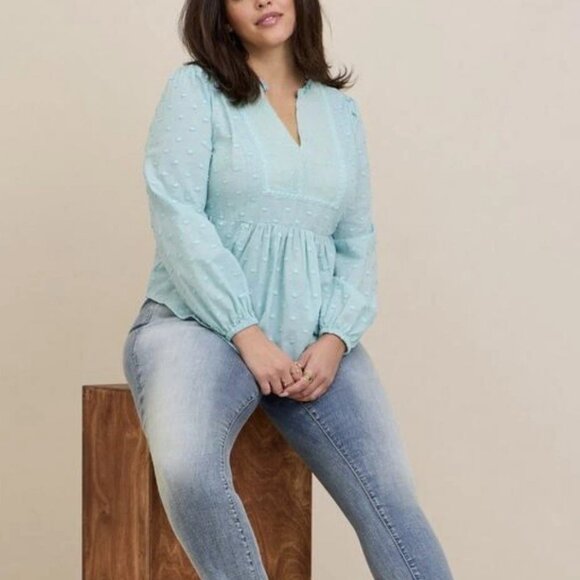 Torrid Light Blue Eyelet Clip Dot Long Sleeve Cotton Top Blouse Womens Size 2X - Picture 2 of 14